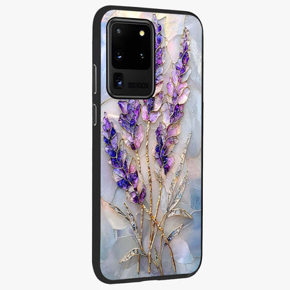 Lavender Dream Glow Glass Case upright view showcasing radiant lavender glow artwork with calming dreamy theme.