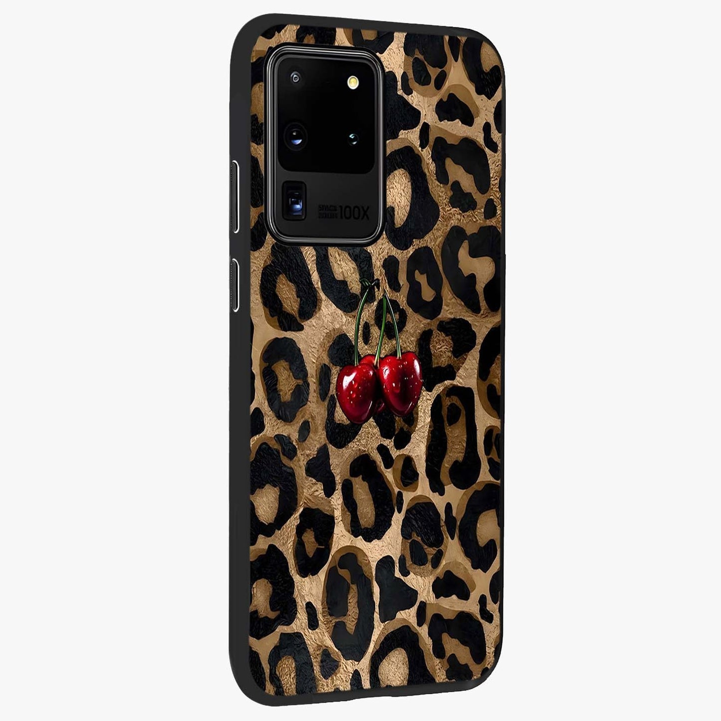 Leopard Wild Cherry Glass Case upright view showcasing stylish leopard pattern artwork with trendy fashion theme.