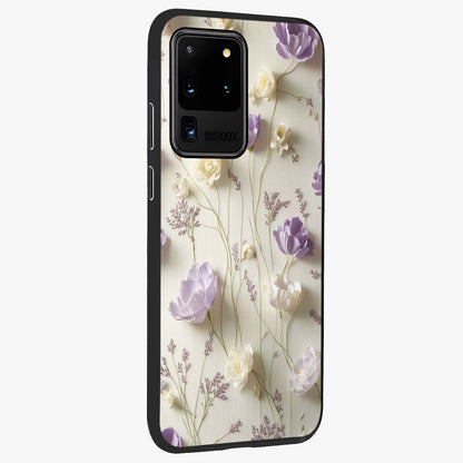 Lilac Breeze Harmony Glass Case upright view showcasing delicate lilac artwork with peaceful floral theme.