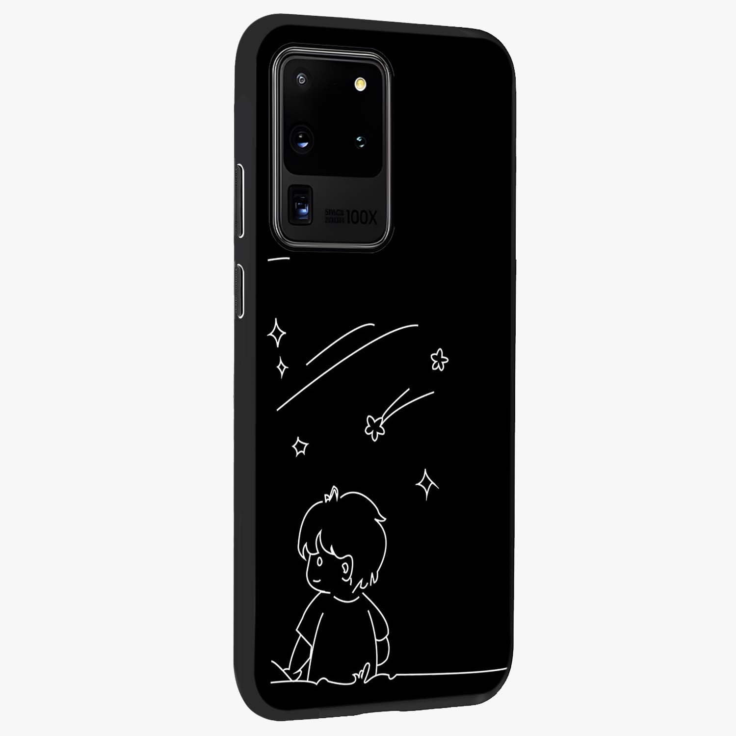 Line Art Boy With Shooting Stars Glass Case upright view showcasing artistic shooting star illustration with minimal style.