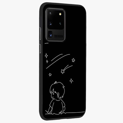 Line Art Boy With Shooting Stars Glass Case upright view showcasing artistic shooting star illustration with minimal style.