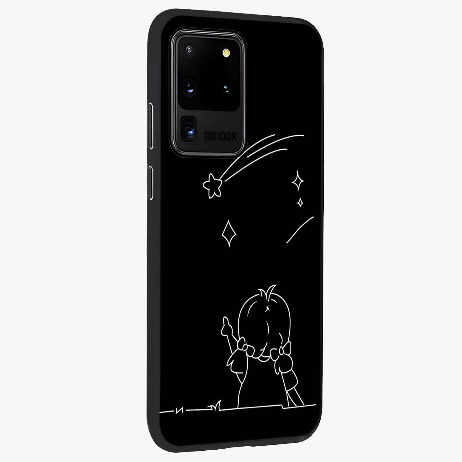 Line Art Girl With Shooting Stars Glass Case upright view showcasing delicate shooting stars artwork with minimal artistic theme.