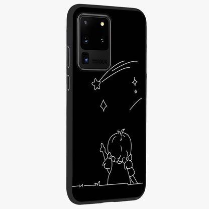 Line Art Girl With Shooting Stars Glass Case upright view showcasing delicate shooting stars artwork with minimal artistic theme.