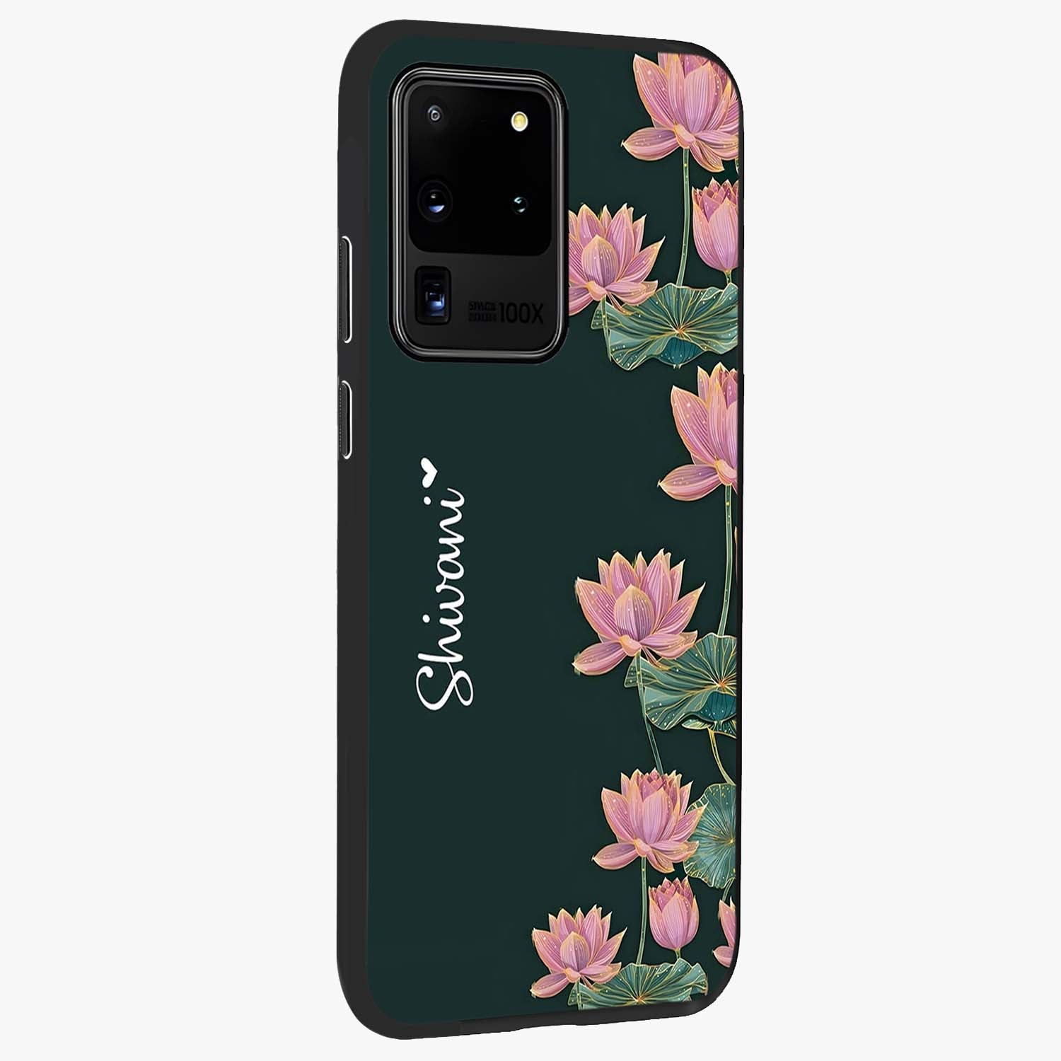 Lotus Bloom Serenity Custom Name Glass Case upright view showcasing serene lotus bloom artwork with personalized floral aesthetic.