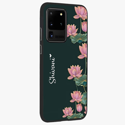 Lotus Bloom Serenity Custom Name Glass Case upright view showcasing serene lotus bloom artwork with personalized floral aesthetic.