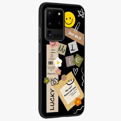 Lucky Aesthetic Collage Glass Case upright view showcasing vibrant collage artwork with youthful aesthetic theme.