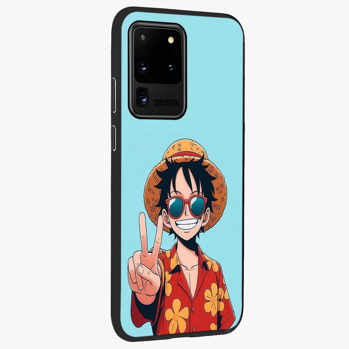 Luffy Summer Anime Vibe Glass Case upright view showcasing dynamic anime artwork with bright adventurous theme.
