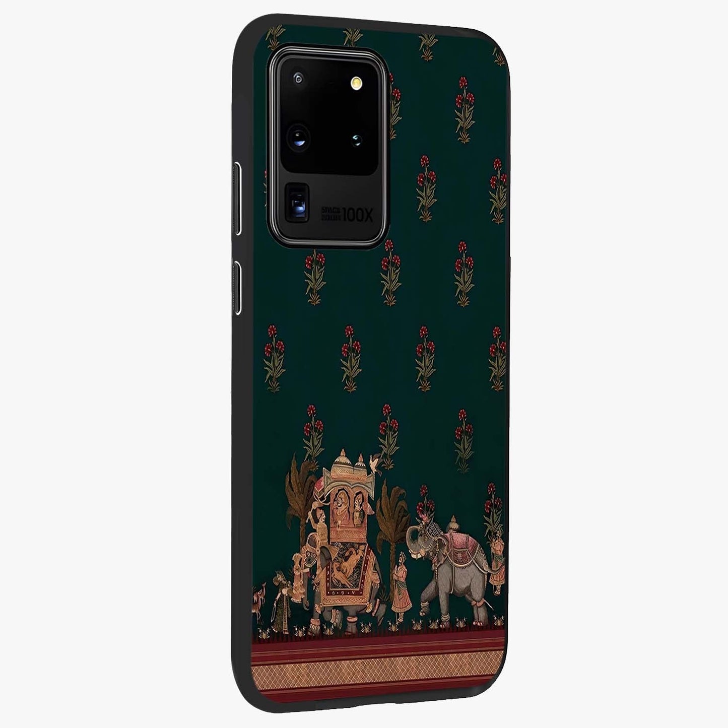 Macmerise Glass Case upright view showcasing bold artistic artwork with contemporary design theme.