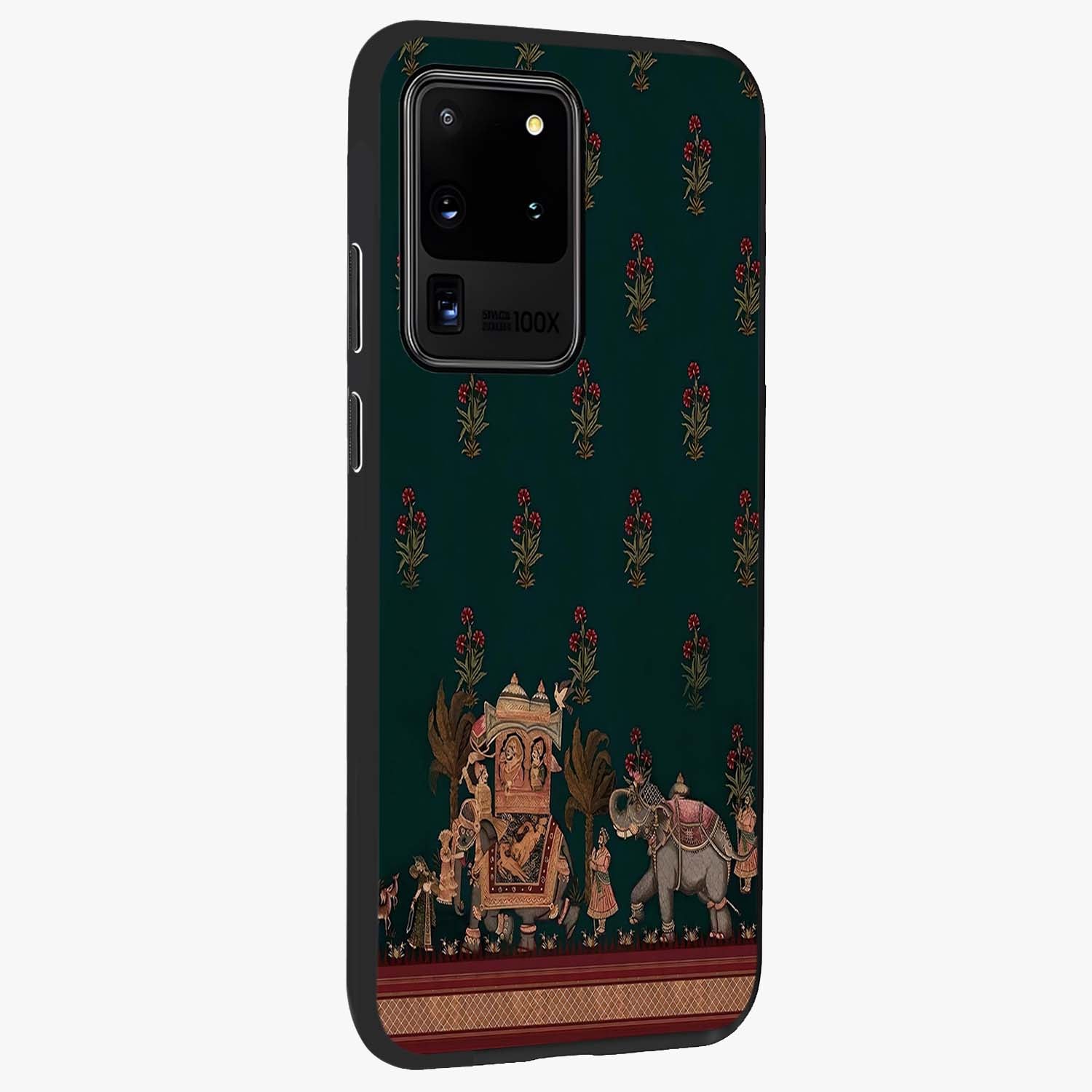 Macmerise Glass Case upright view showcasing bold artistic artwork with contemporary design theme.