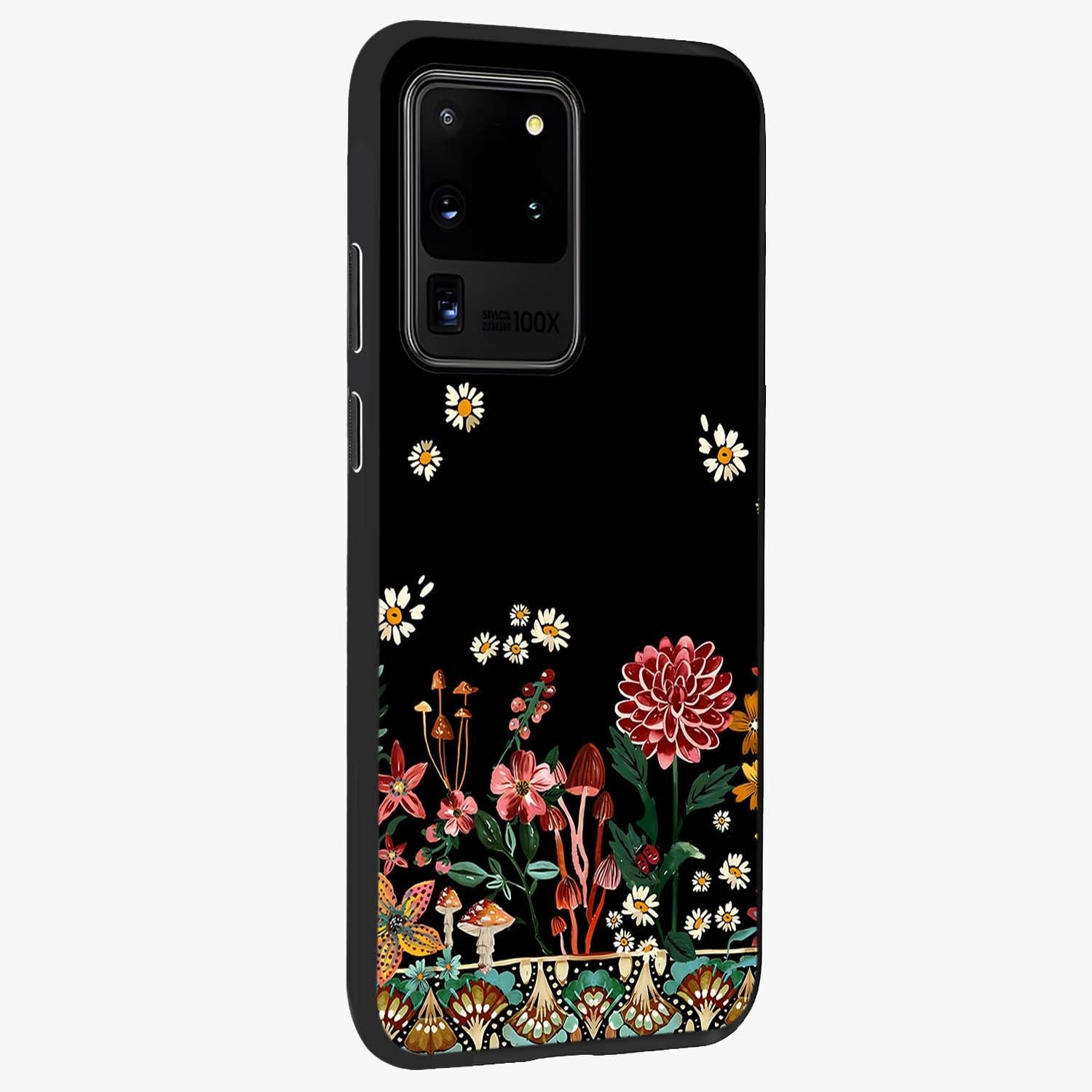 Midnight Bloom Pattern Glass Case upright view showcasing decorative floral artwork with deep night themed palette.