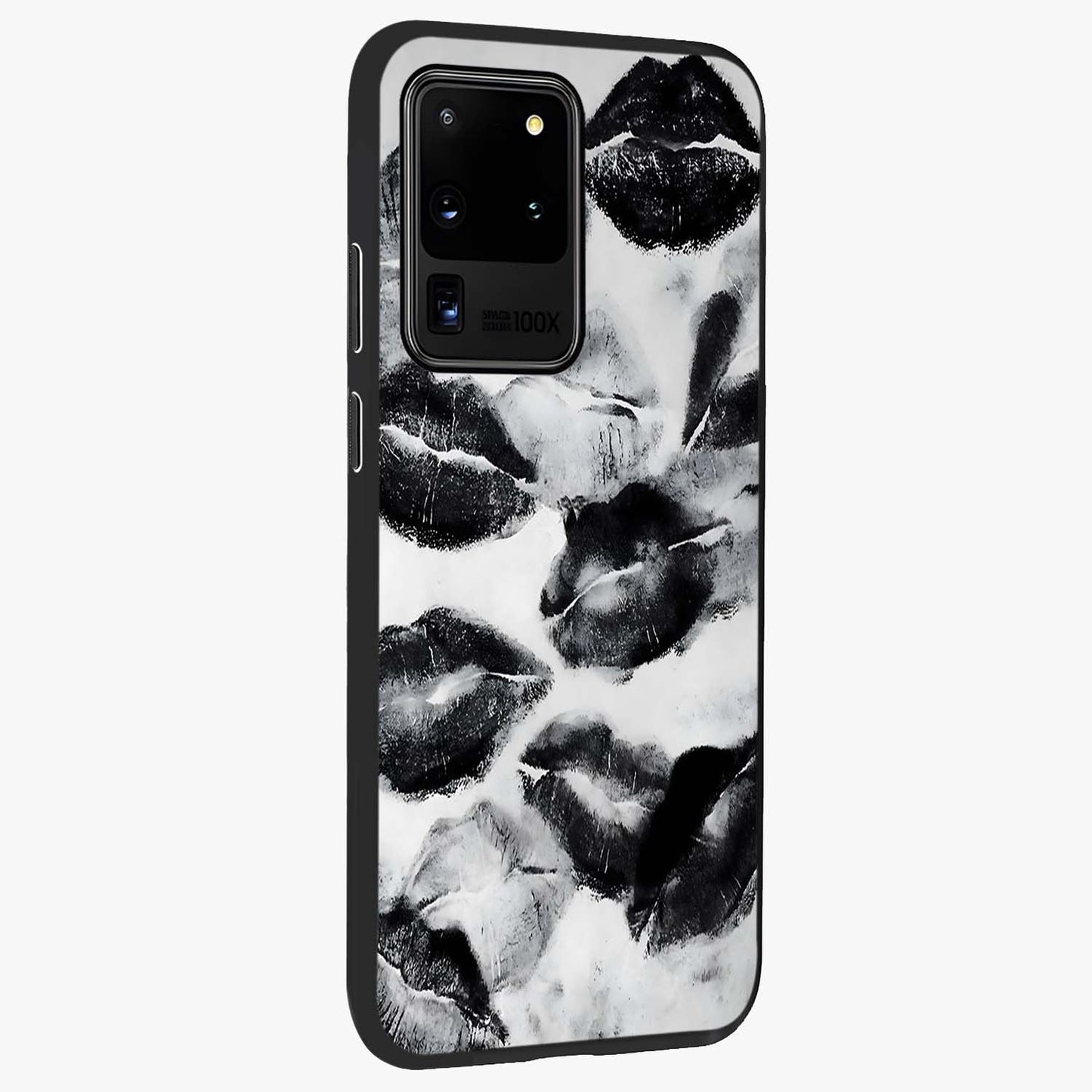 Midnight Kiss Marks Glass Case upright view showcasing stylish kiss mark artwork with trendy romantic theme.
