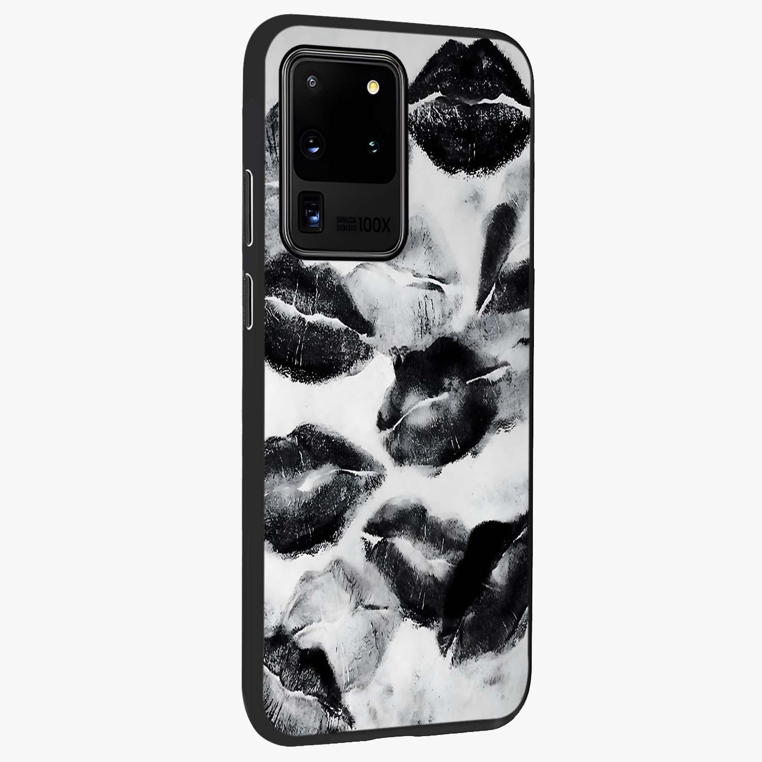 Midnight Kiss Marks Glass Case upright view showcasing stylish kiss mark artwork with trendy romantic theme.