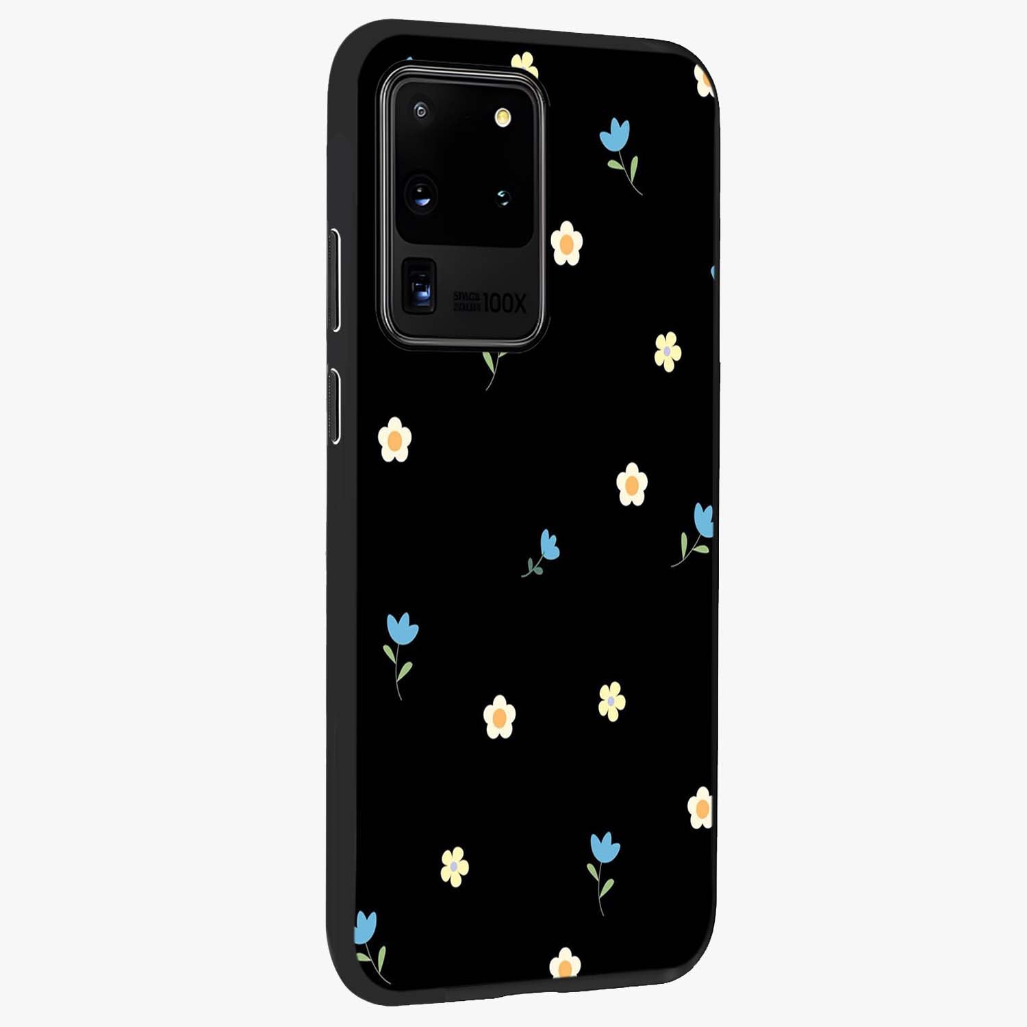 Minimal Petal Whispers Glass Case upright view showcasing elegant floral artwork with modern minimalist style.