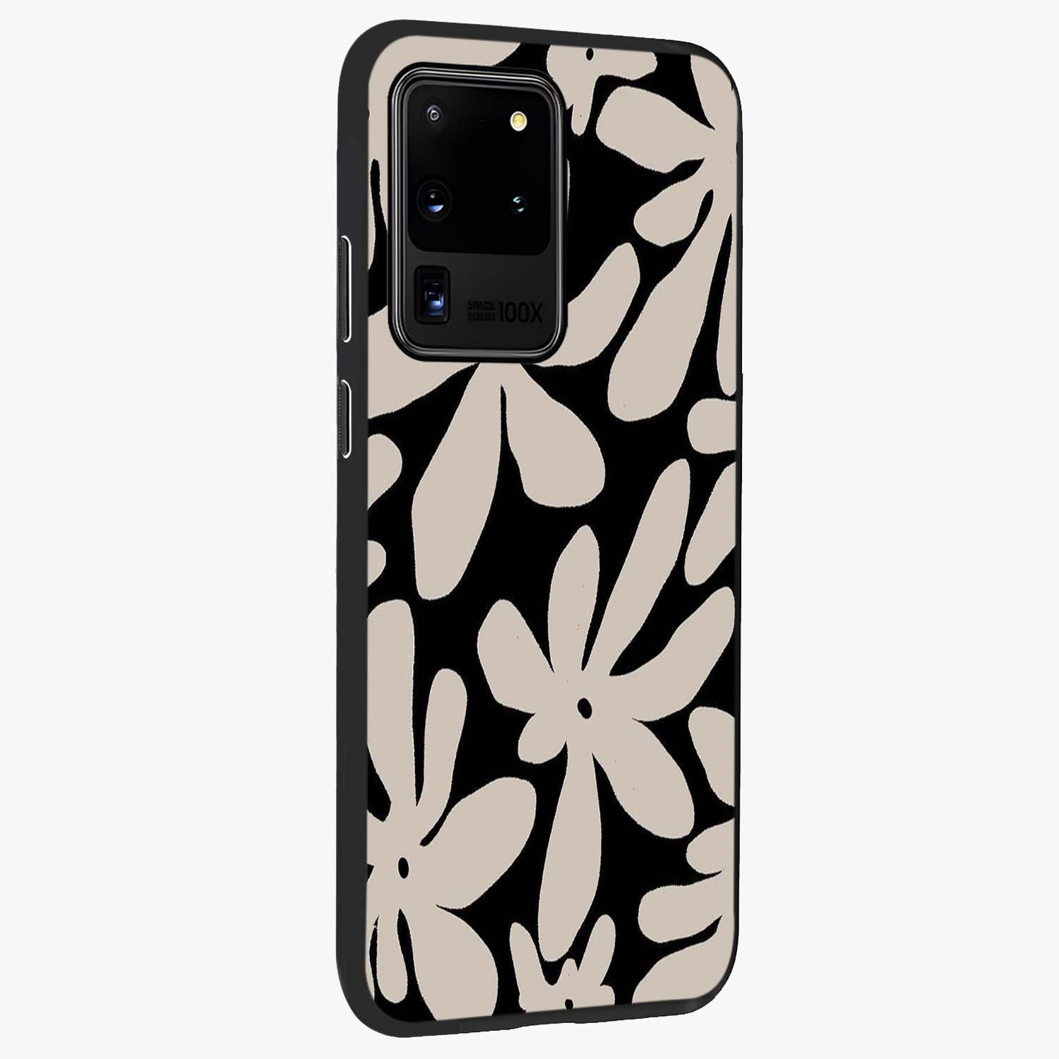 Monochrome Petal Dance Glass Case upright view showcasing artistic floral pattern with stylish monochrome theme.
