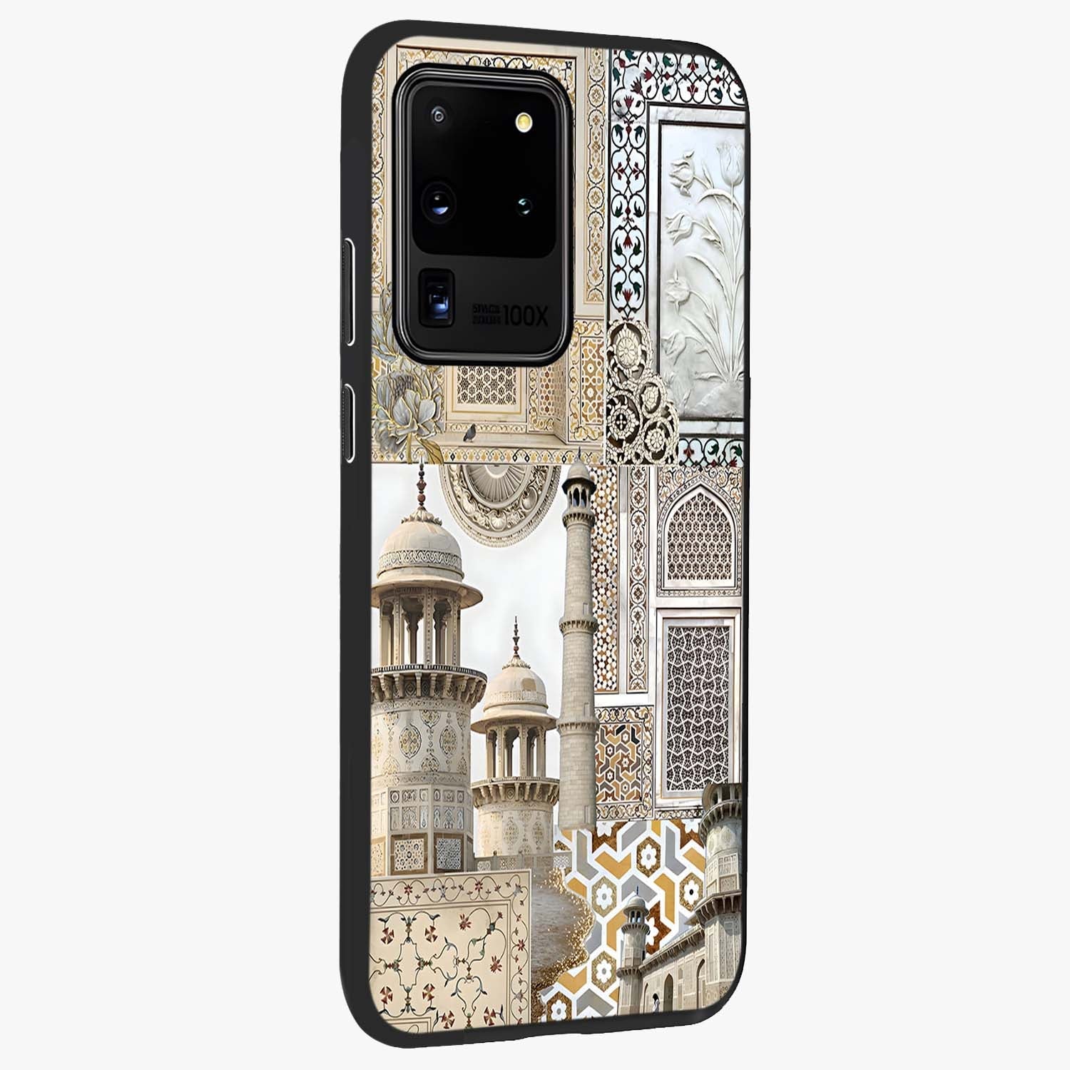 Mughal Marble Legacy Glass Case upright view showcasing ornate Mughal design with luxurious traditional theme.