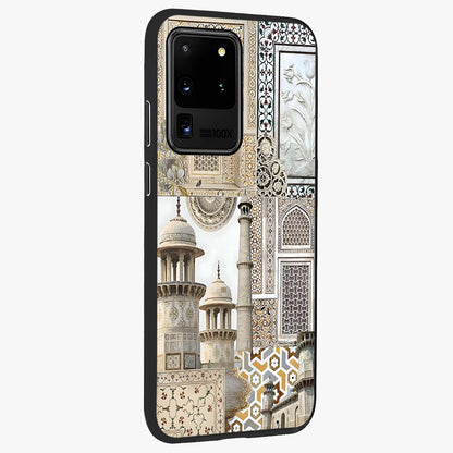 Mughal Marble Legacy Glass Case upright view showcasing ornate Mughal design with luxurious traditional theme.
