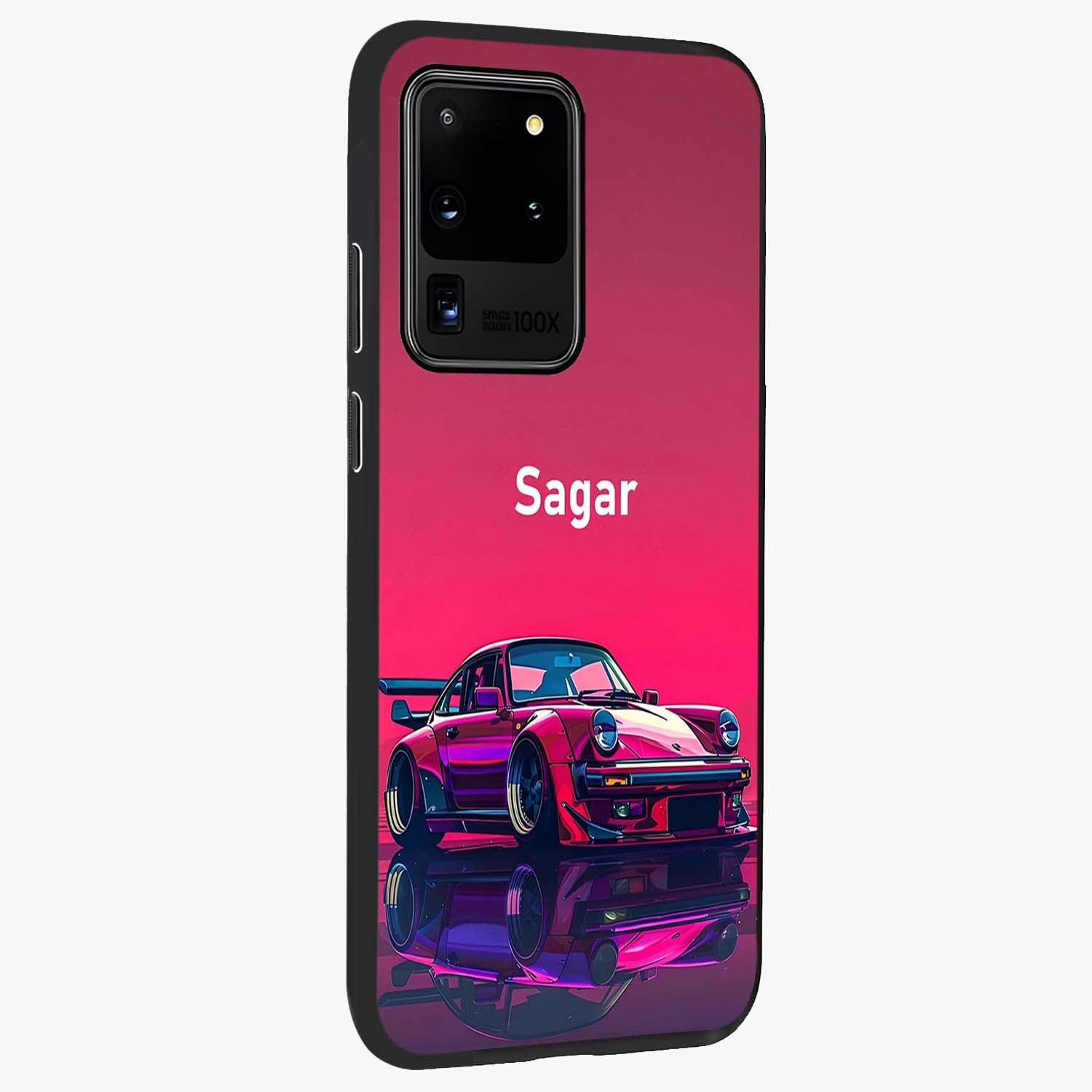 Neon Pink Porsche Glass Case upright view showcasing vibrant sports car artwork with bold automotive theme.