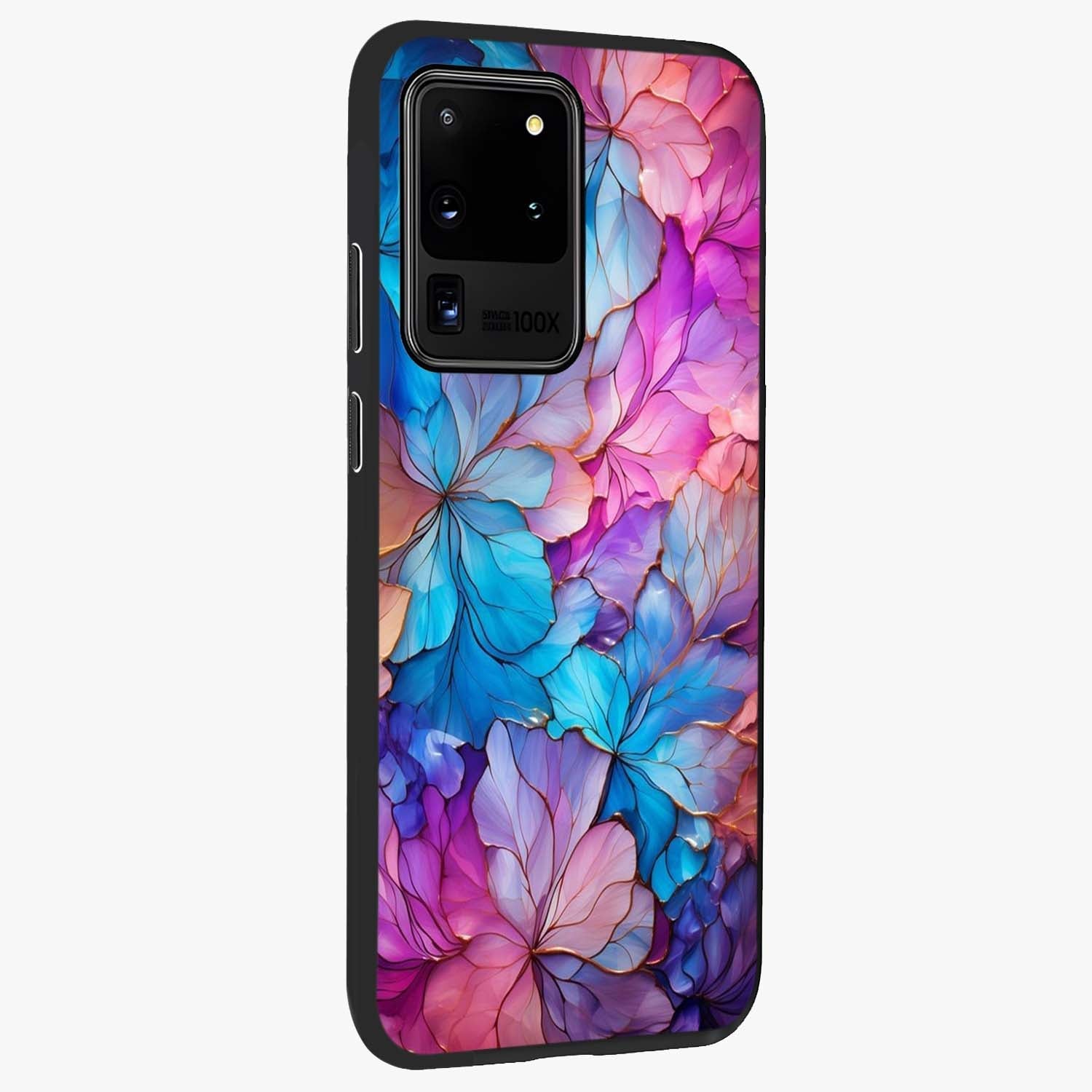 Radiant Floral Whirl Glass Case upright view showcasing lively floral artwork with decorative swirl theme.