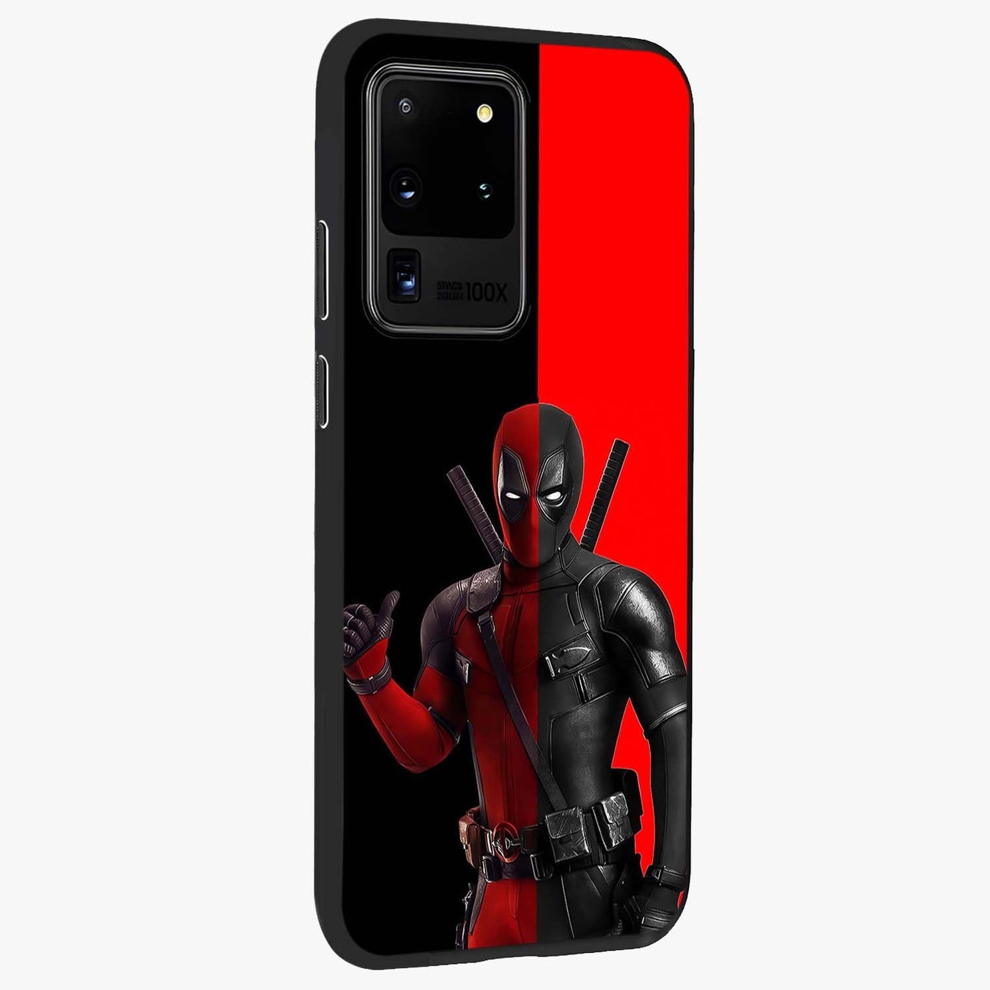 Red & Black Deadpool Theme Glass Case upright view showcasing energetic comic themed artwork with striking red and black design.