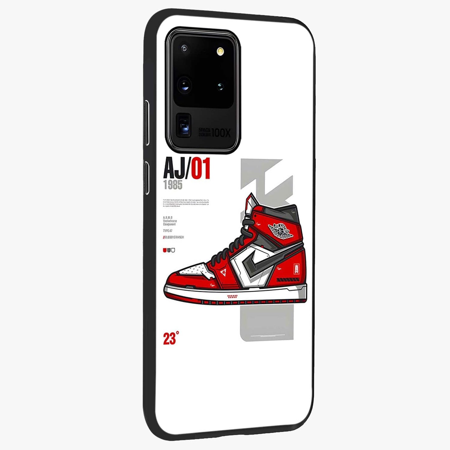 Retro Sneaker Blueprint Glass Case upright view showcasing stylish sneaker illustration with vintage streetwear theme.