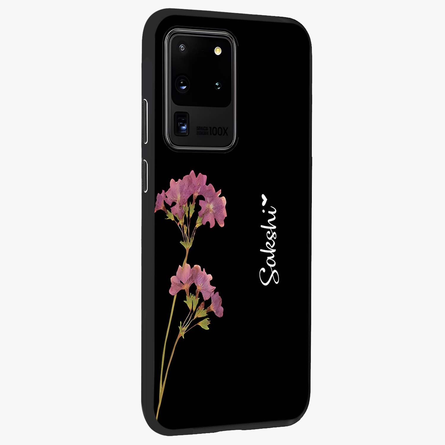 Riching Lavender Flower Custom Name Glass Case upright view showcasing elegant lavender floral artwork with personalized aesthetic.