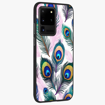 Royal Peacock Feathers Glass Case upright view showcasing elegant peacock feather artwork with decorative royal theme.