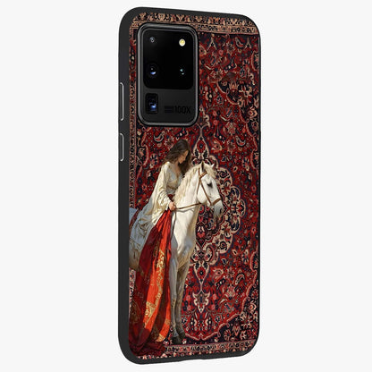 Royal Rider Tapestry Glass Case upright view showcasing detailed rider artwork with classic tapestry theme.
