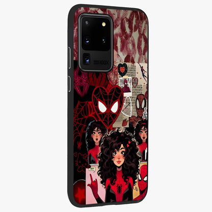 Spider Love Story Glass Case upright view showcasing charming superhero artwork with romantic comic theme.