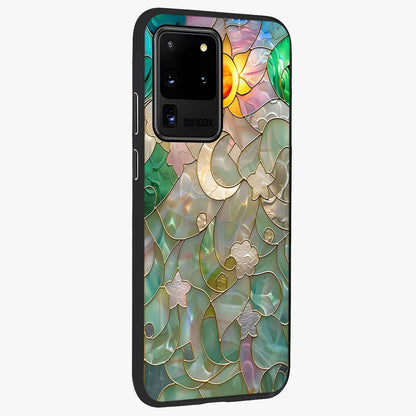 Stained Sunrise Glow Glass Case upright view showcasing colorful sunrise artwork with warm morning theme.