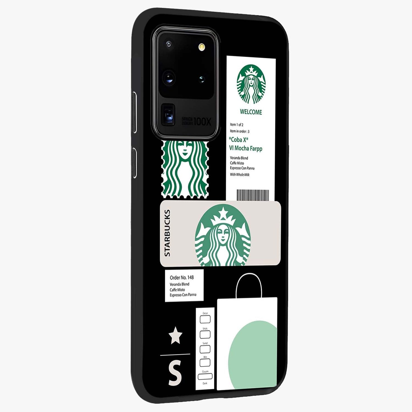 Starbucks Mocha Glass Case upright view showcasing trendy coffee inspired artwork with modern lifestyle theme.
