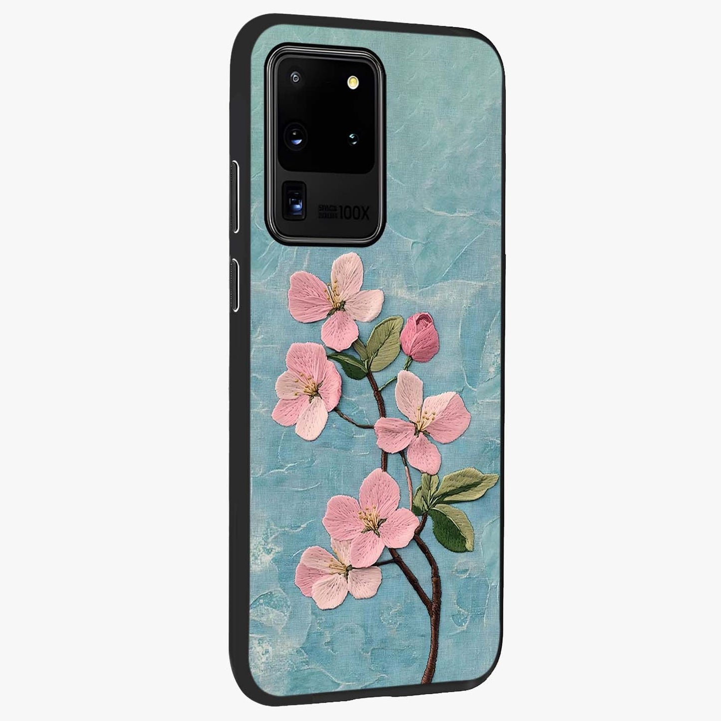 Threaded Blossom Breeze Glass Case upright view showcasing graceful flower artwork with calm botanical theme.
