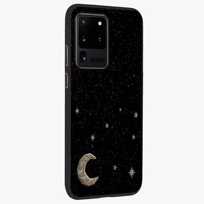 Twinkle Star With Half Moon Glass Case upright view showcasing glowing cosmic artwork with dreamy night theme.