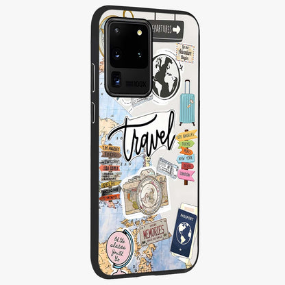 Wanderlust Journal Glass Case upright view showcasing wanderlust inspired artwork with creative exploration theme.