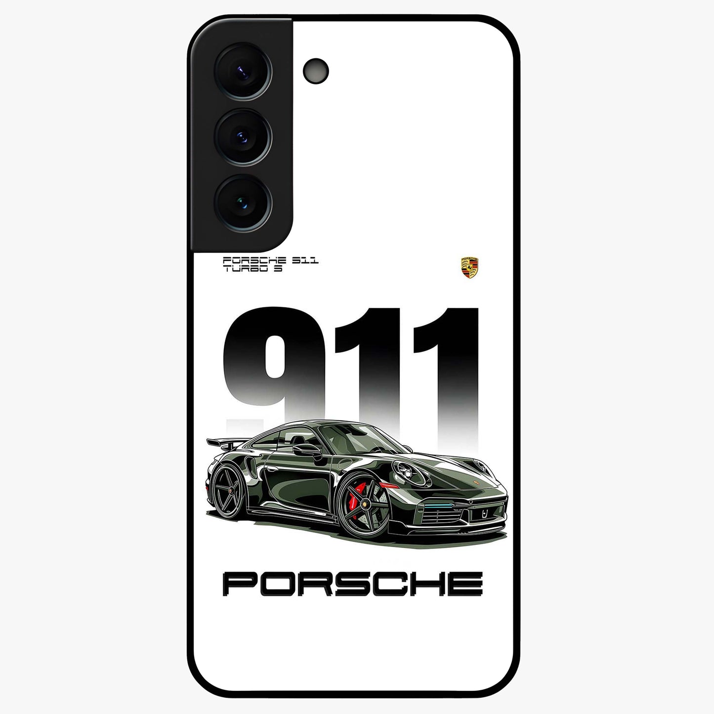 911 Turbo Dominance Glass Case showing clean flat back view with bold 911 sports car artwork and glossy glass finish.