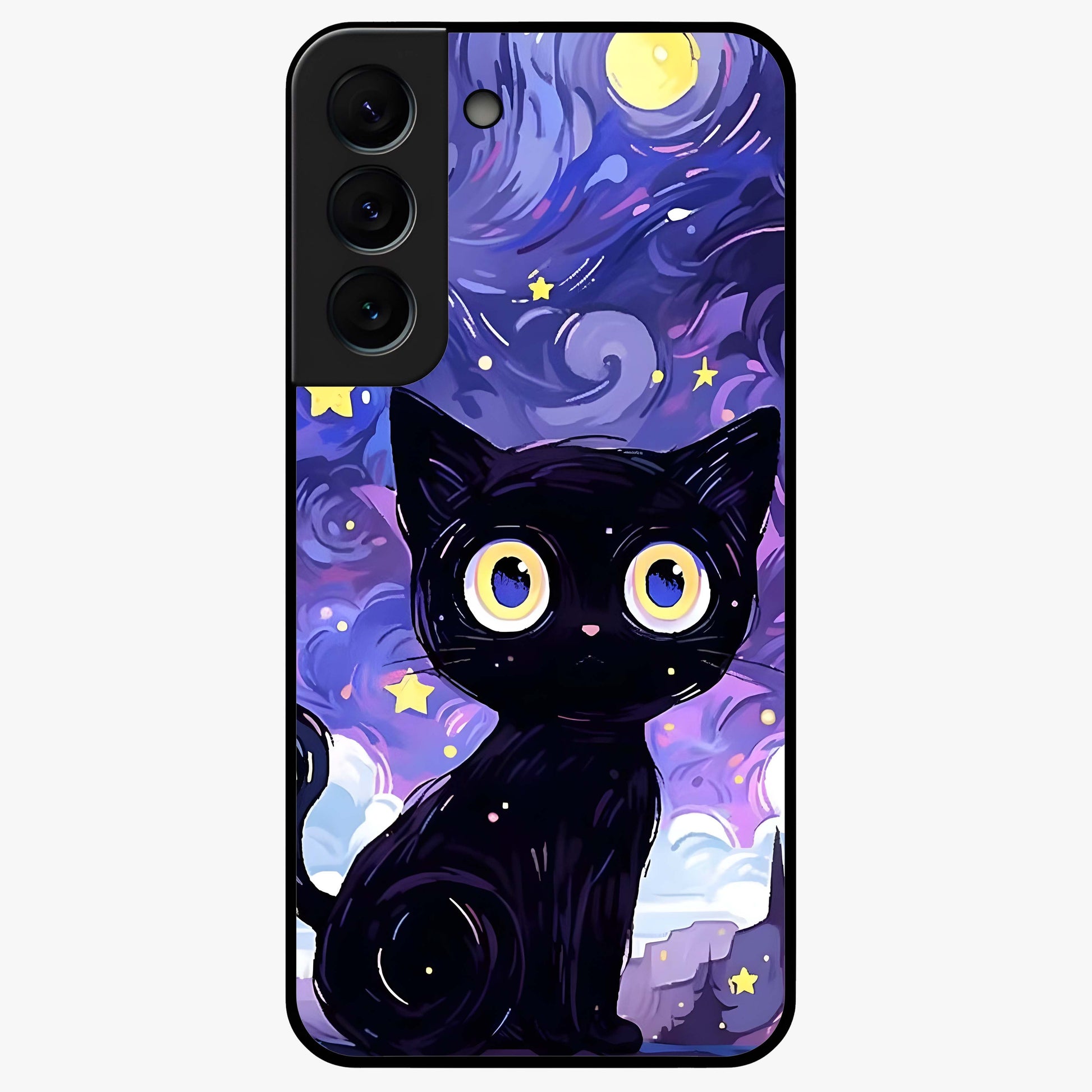 Abstract Cat Art Glass Case showing flat back view with artistic cat illustration and glossy glass finish.