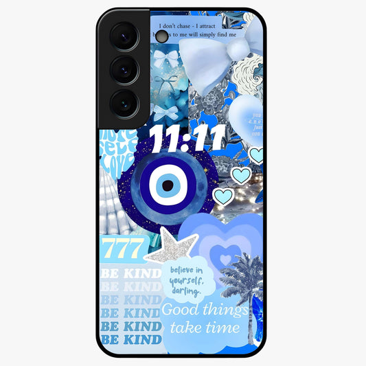 Aesthetic Be Kind Eye Glass Case showing flat back view with motivational eye artwork and glossy glass finish.