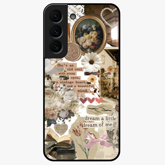 Aesthetic Brown Vintage Collage Glass Case showing flat back view with retro collage artwork and glossy glass finish.