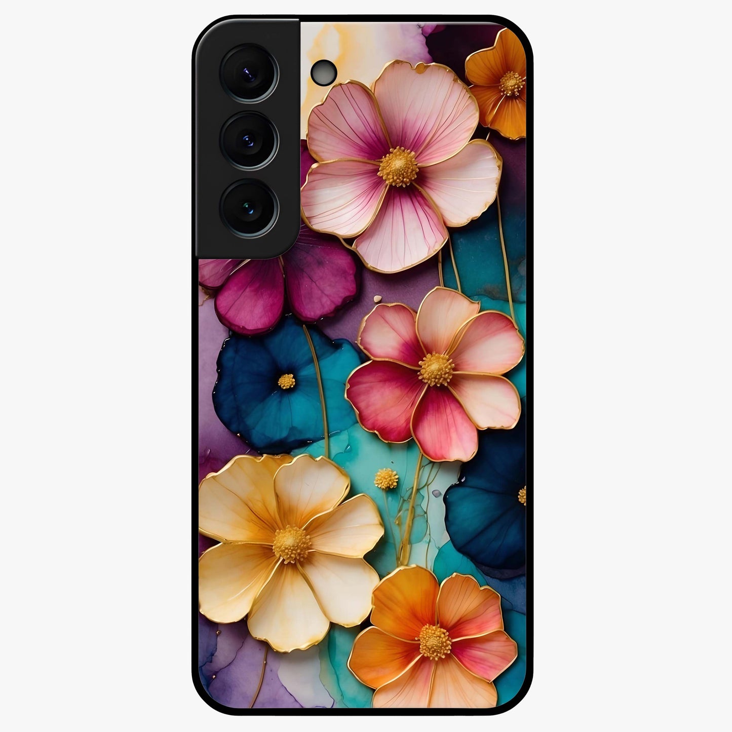 Artlyn Grace Flower Pattern Glass Case showing flat back view with elegant floral pattern artwork and glossy glass finish.