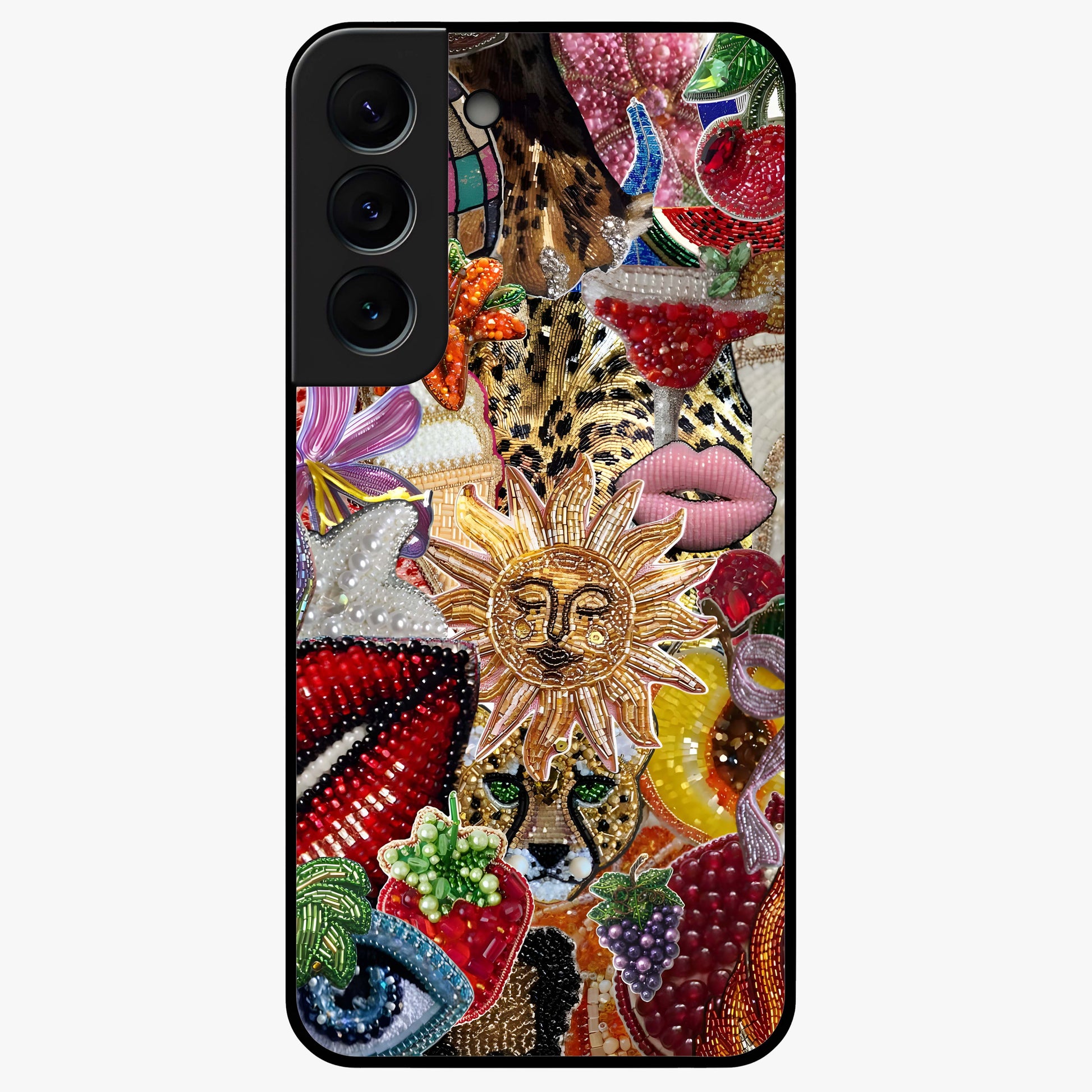 Beaded Fashion Jungle Glass Case showing flat back view with vibrant jungle inspired bead artwork and glossy glass finish.