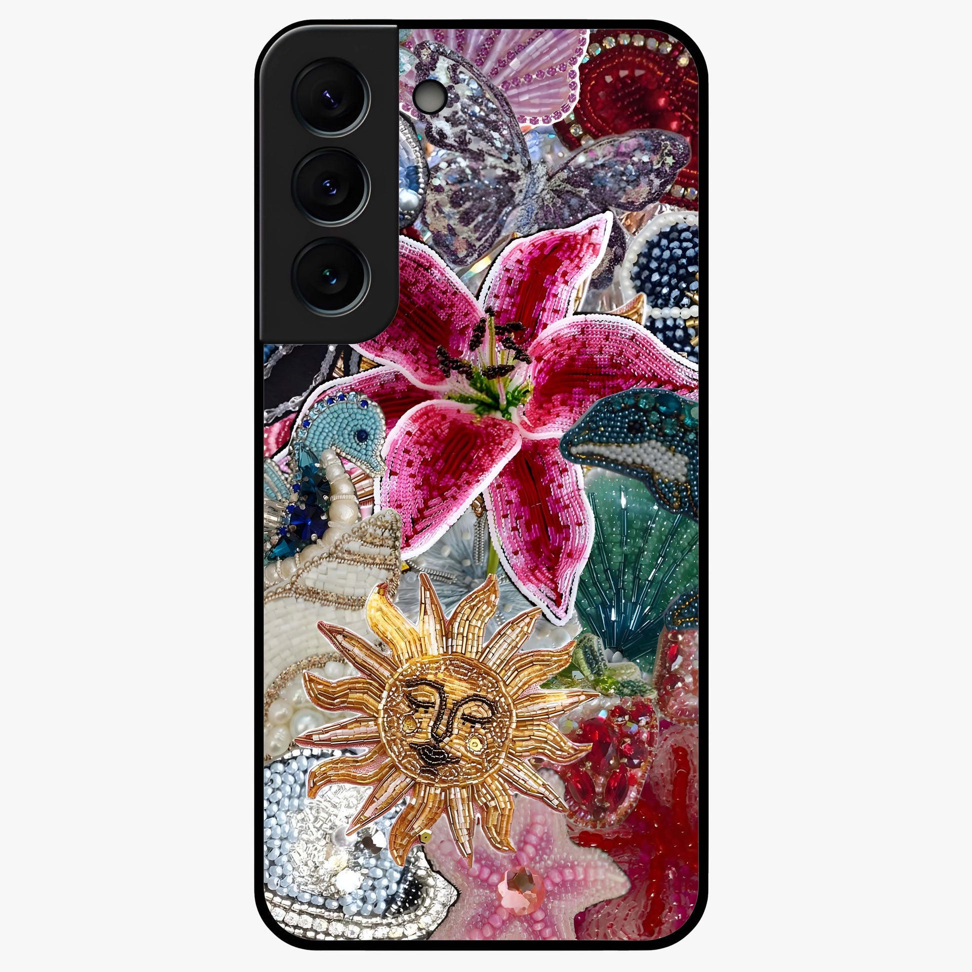 Beaded Garden Fantasy Glass Case showing flat back view with dreamy garden bead artwork and glossy glass finish.