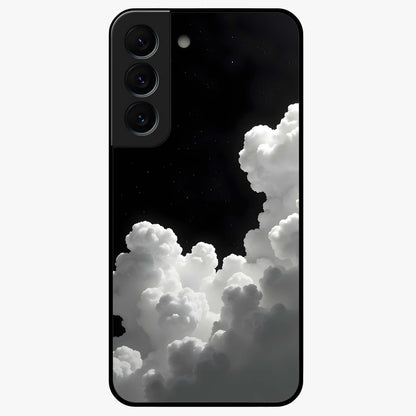 Black Background With White Cloud Glass Case showing flat back view with minimal cloud artwork on dark background and glossy glass finish.