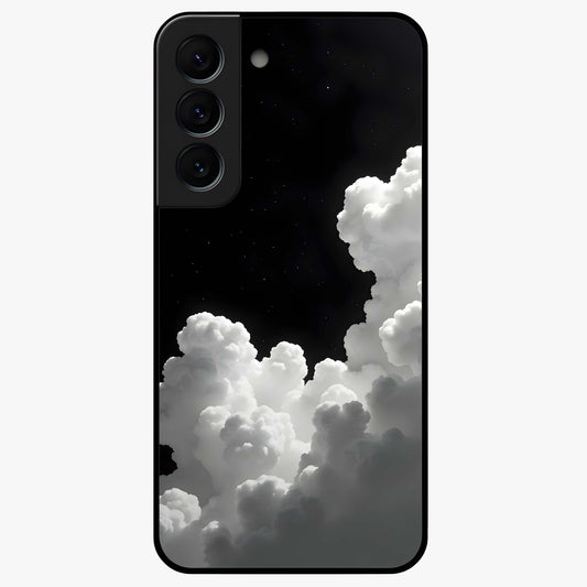 Black Background With White Cloud Glass Case showing flat back view with minimal cloud artwork on dark background and glossy glass finish.