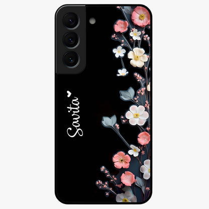 Black Elegance Floral Custom Name Glass Case showing flat back view with elegant floral artwork and personalized name design.