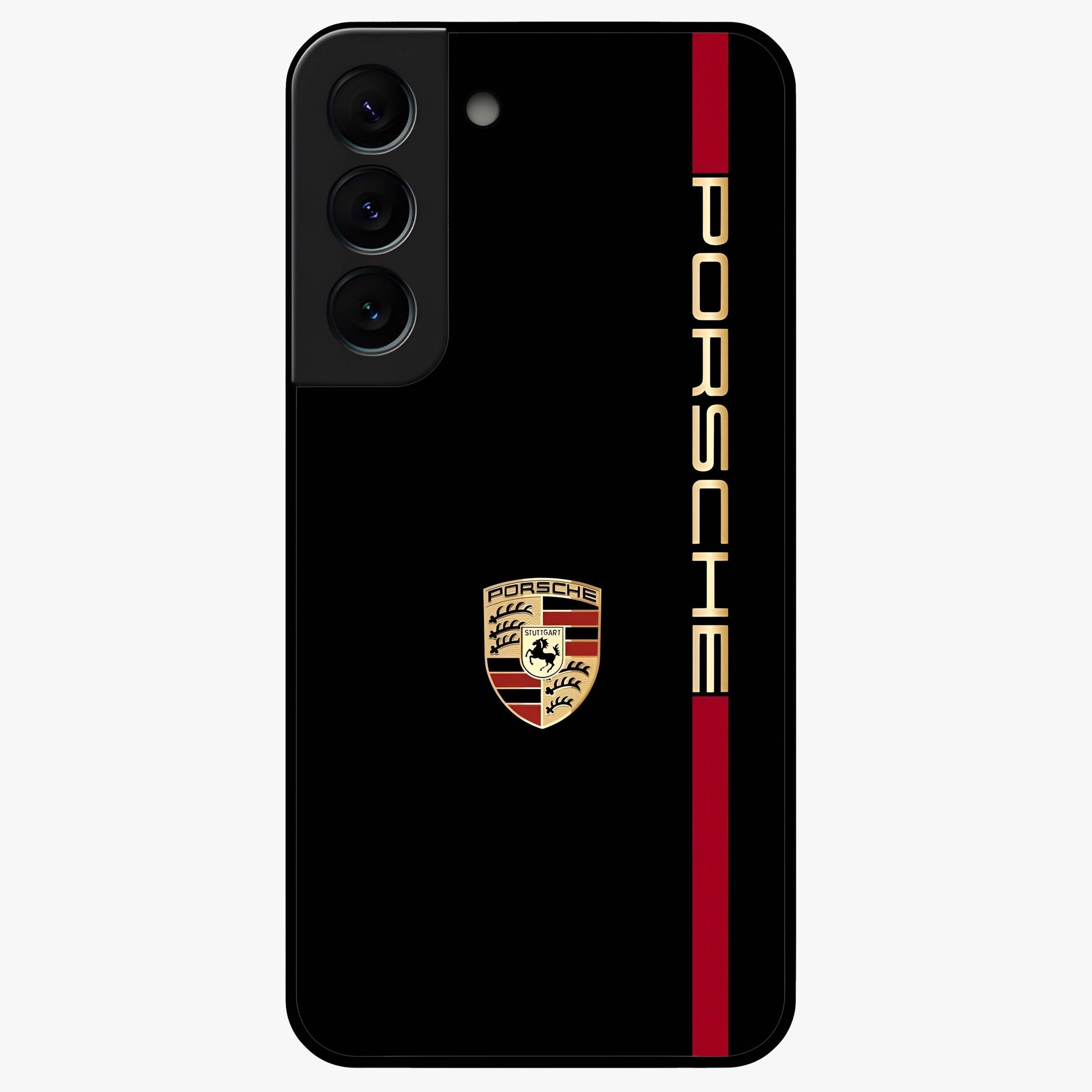Black Minimal Porsche Glass Case showing flat back view with sleek minimal sports car artwork and glossy glass finish.