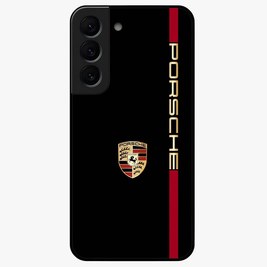 Black Minimal Porsche Glass Case showing flat back view with sleek minimal sports car artwork and glossy glass finish.