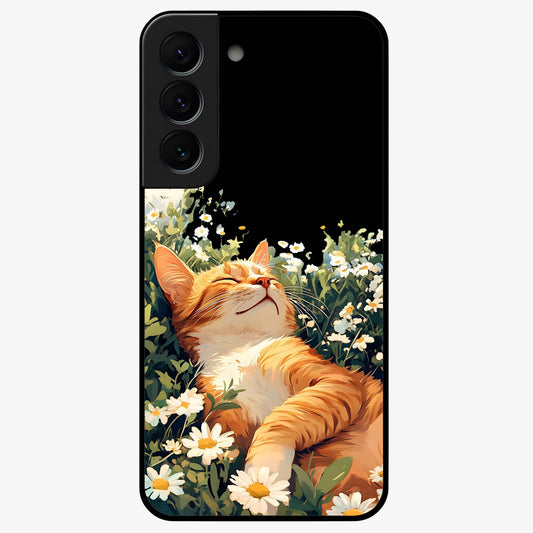 Blissful Bloom Cat Glass Case showing flat back view with cute cat and floral bloom artwork and glossy glass finish.