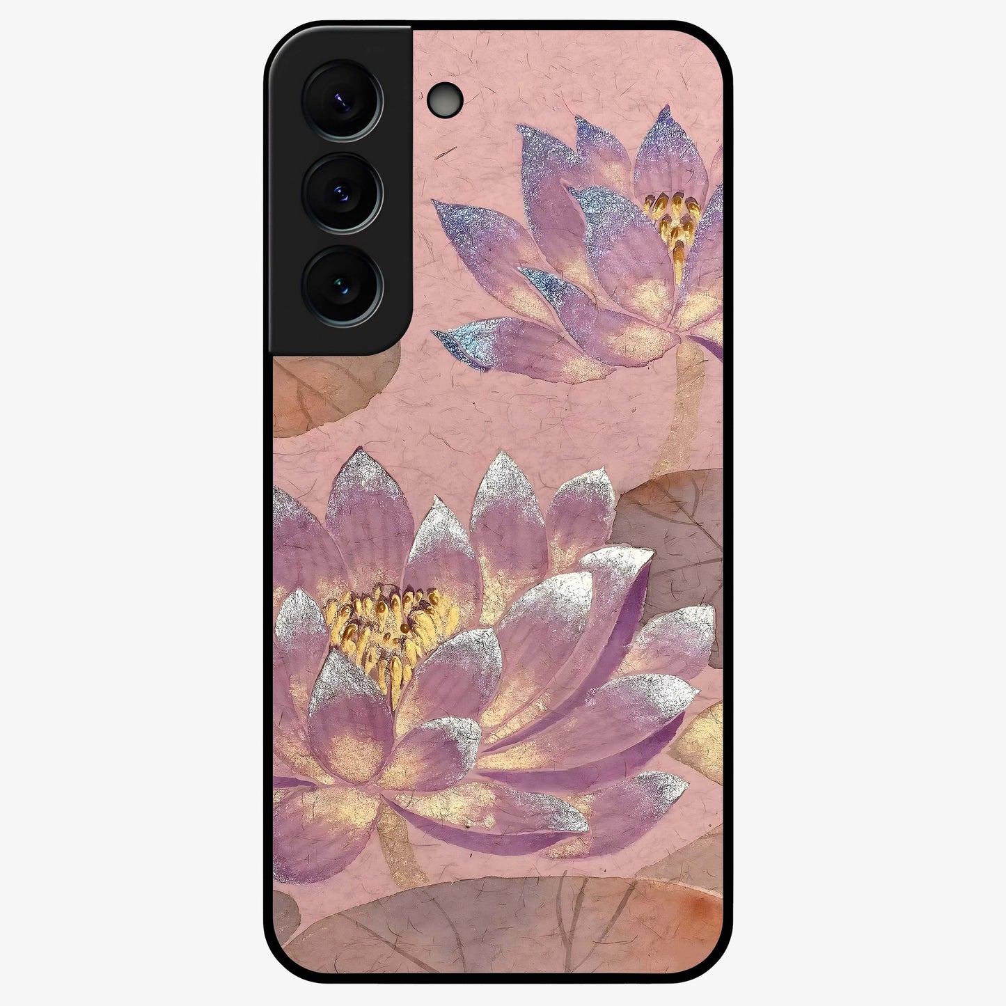 Blossom Mist Lotus Glass Case showing flat back view with serene lotus blossom artwork and glossy glass finish.