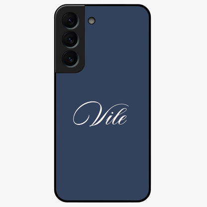 Blue Background Personalized Custom Name Glass Case showing flat back view with minimal blue background and custom name design.