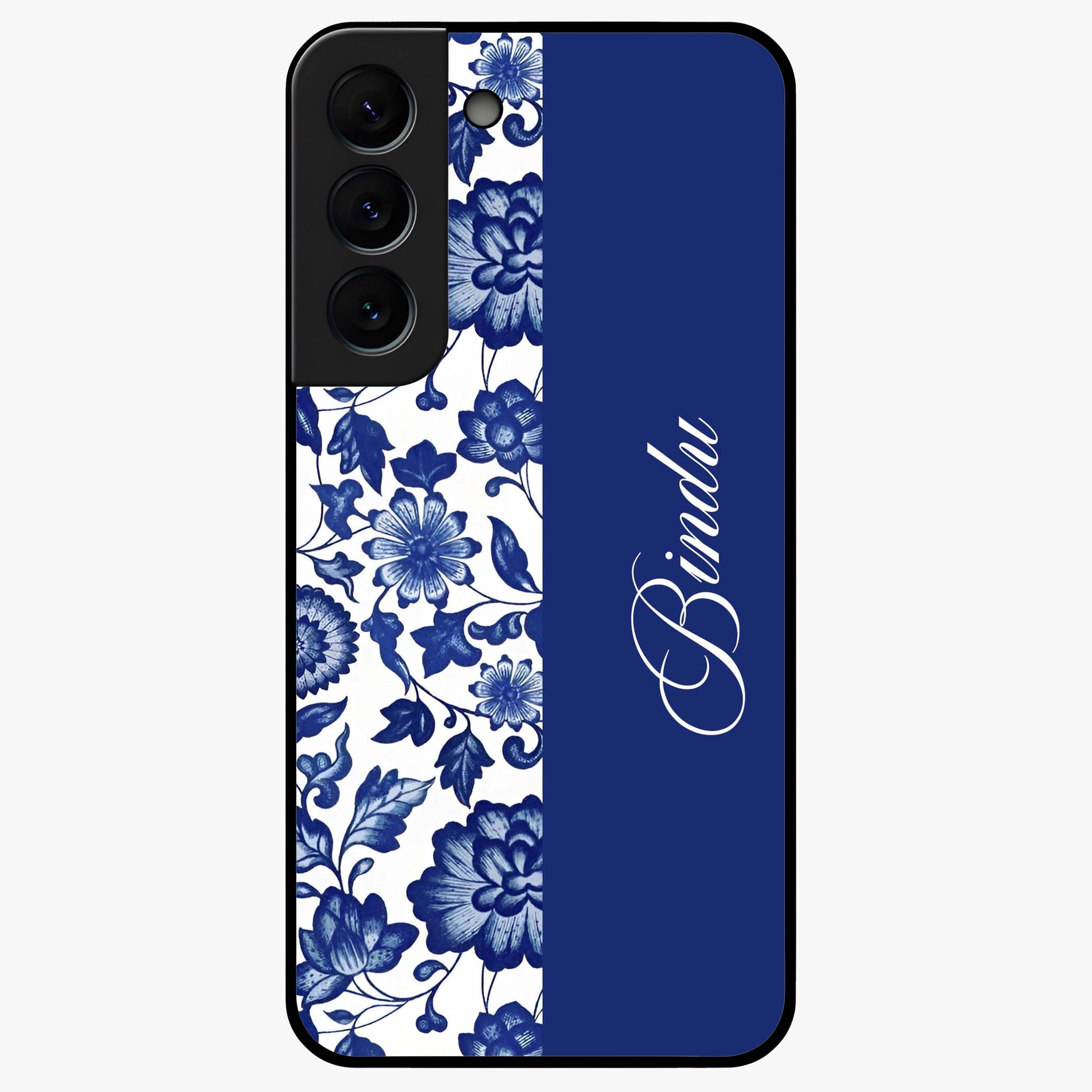 Blue Vintage Floral Pattern Glass Case upright view showcasing timeless floral illustration with vintage inspired style.