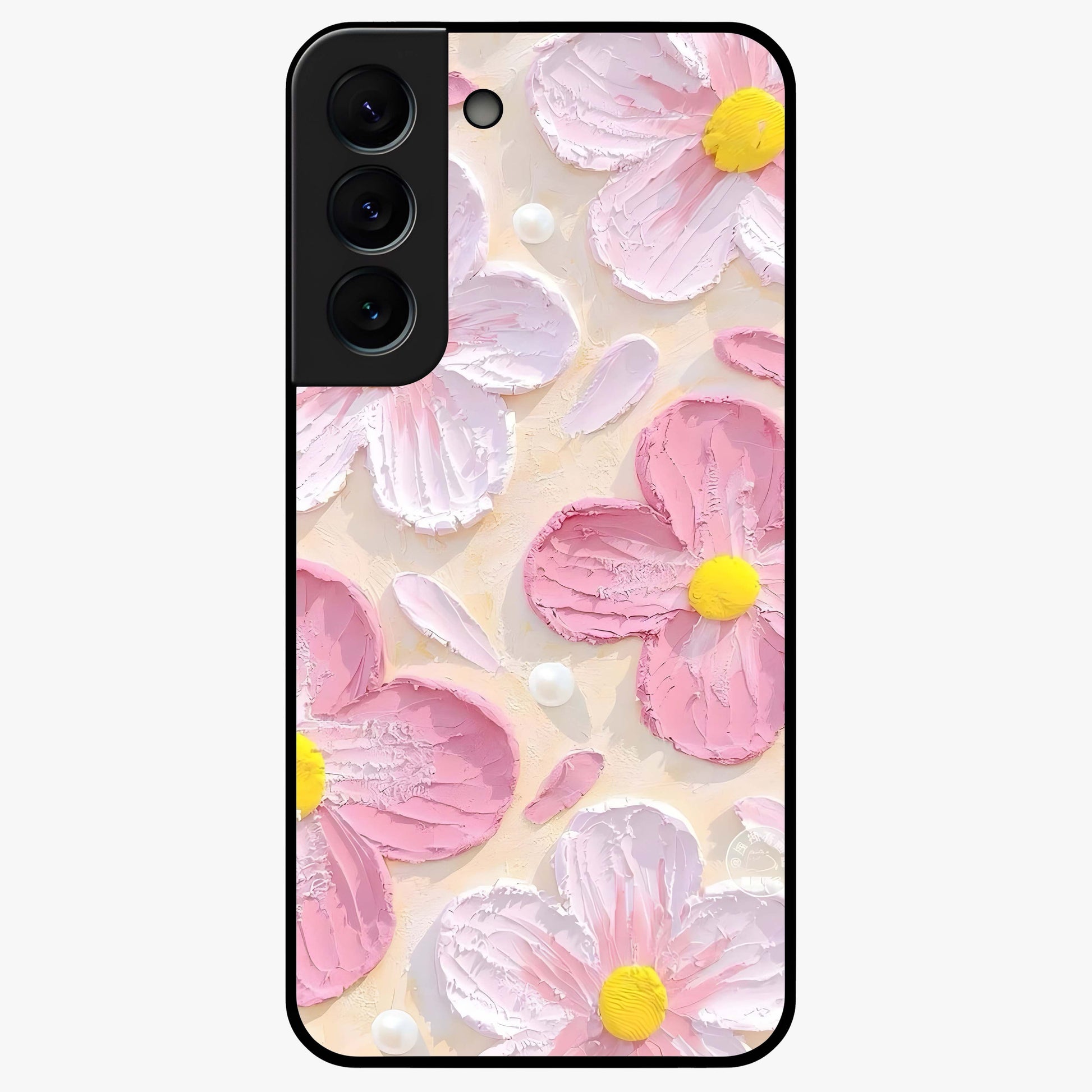 Blush Bloom Texture Glass Case showing flat back view with soft blush floral texture artwork and glossy glass finish.